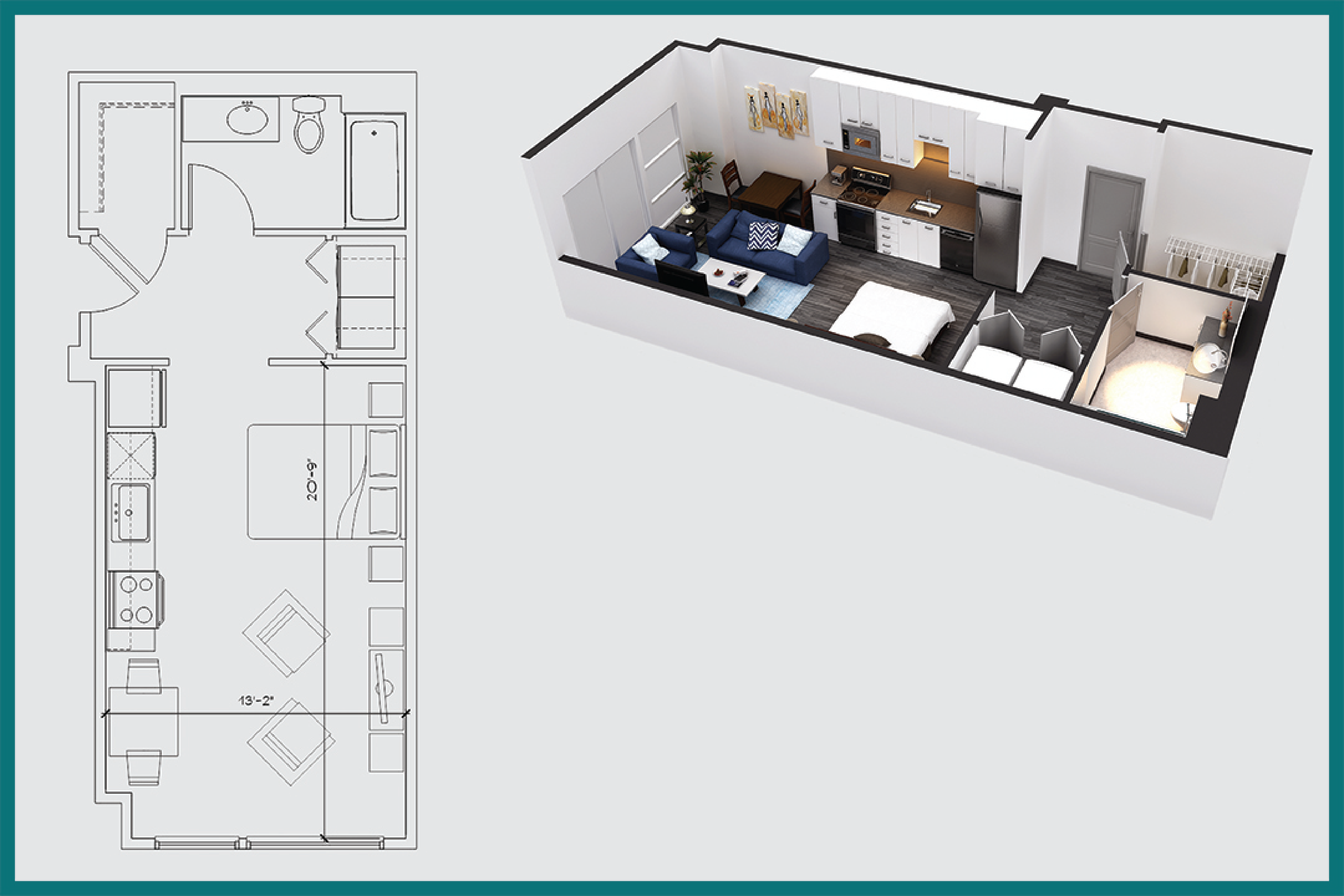 Floor plan for studio, 1 bath, 480 sqft